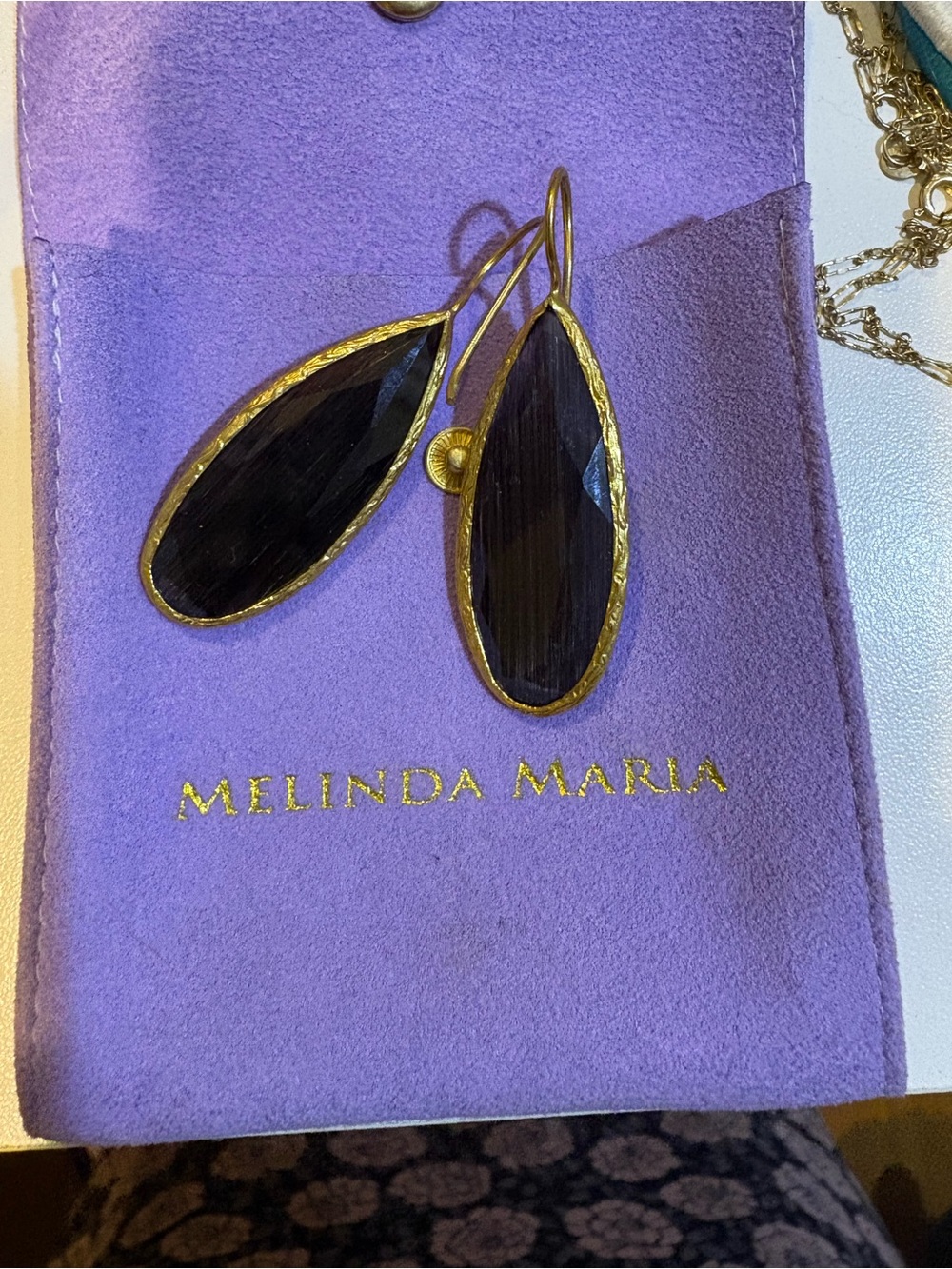 Melinda Maria Black Faceted Teardrop Earrings with Gold Frame